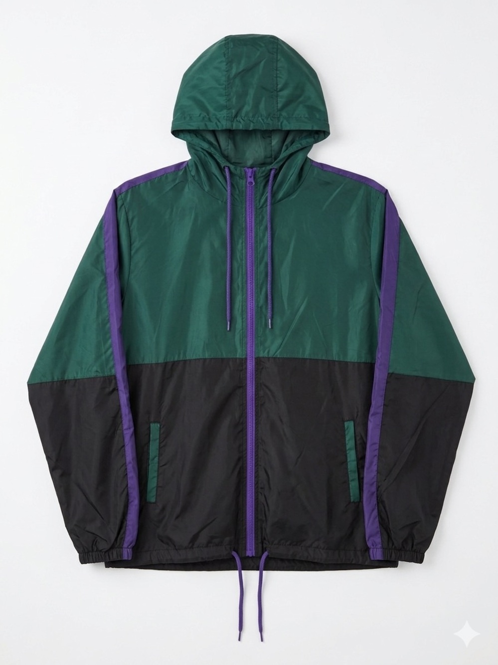 Colorblock Green & Black Hooded Windbreaker with Purple Trim